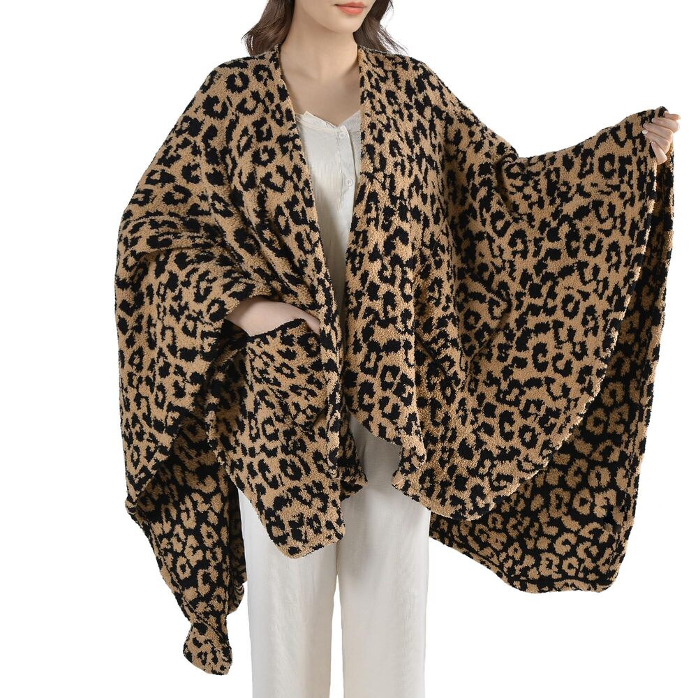 3703 Wearable Super Soft Feather Yarn Blanket Shawl with Pockets Fuzzy TV